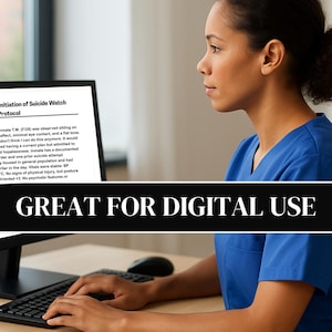Puede incluir: Una mujer con uniforme azul est&aacute; sentada en un escritorio, escribiendo en un teclado. Un monitor de computadora muestra texto sobre un protocolo de vigilancia del suicidio. La imagen incluye el texto "GREAT FOR DIGITAL USE".