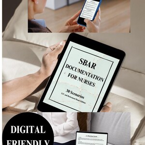 May include: Image of a smartphone, tablet, and laptop displaying documents. The tablet shows "SBAR Documentation for Nurses" with "30 Scenarios" text. A black circle with "DIGITAL FRIENDLY" text is at the bottom.