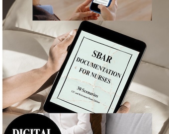 Könnte beinhalten: Ein Smartphone, Tablet und Laptop zeigen Dokumente. Das Tablet zeigt "SBAR Documentation for Nurses" mit dem Text "30 Scenarios". Ein schwarzer Kreis mit dem Text "DIGITAL FRIENDLY" befindet sich unten im Bild.