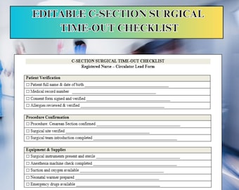 C-Section Surgical Time-Out Checklist for registered nurses, Printable OR Safety Form, Editable Nurse Documentation Template, DOCX Download