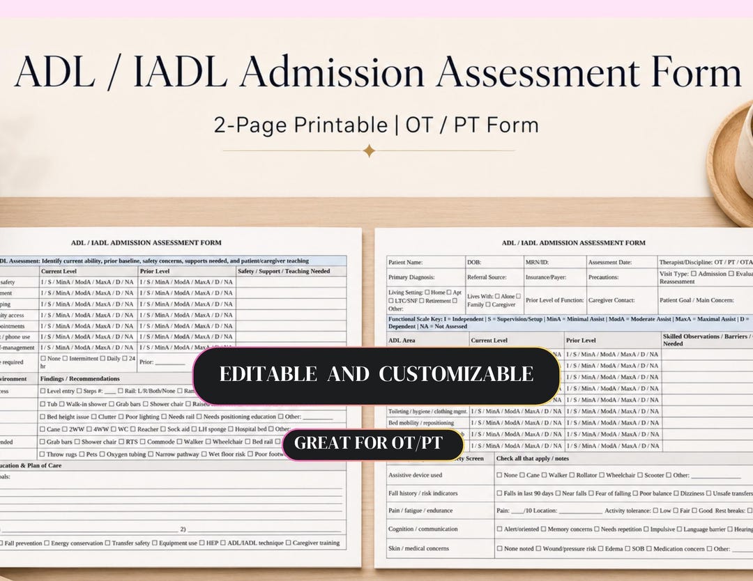 Adl Iadl Assessment Form, OT PT Admission Evaluation Template ...
