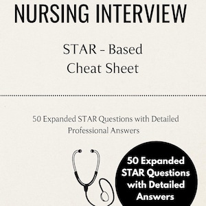 Puede incluir: Una ilustración en blanco y negro de un estetoscopio con el texto "50 preguntas STAR ampliadas con respuestas detalladas" en un círculo. El texto "NURSING INTERVIEW STAR - Based Cheat Sheet" está en la parte superior de la imagen.