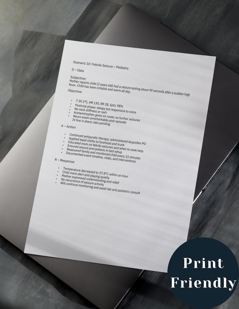 May include: A printed document titled "Scenario 10: Febrile Seizure - Pediatric" with medical information, resting on a laptop. The document includes data, subjective and objective details, actions, and responses. A dark blue circle with the words "Print Friendly" is in the bottom right corner.