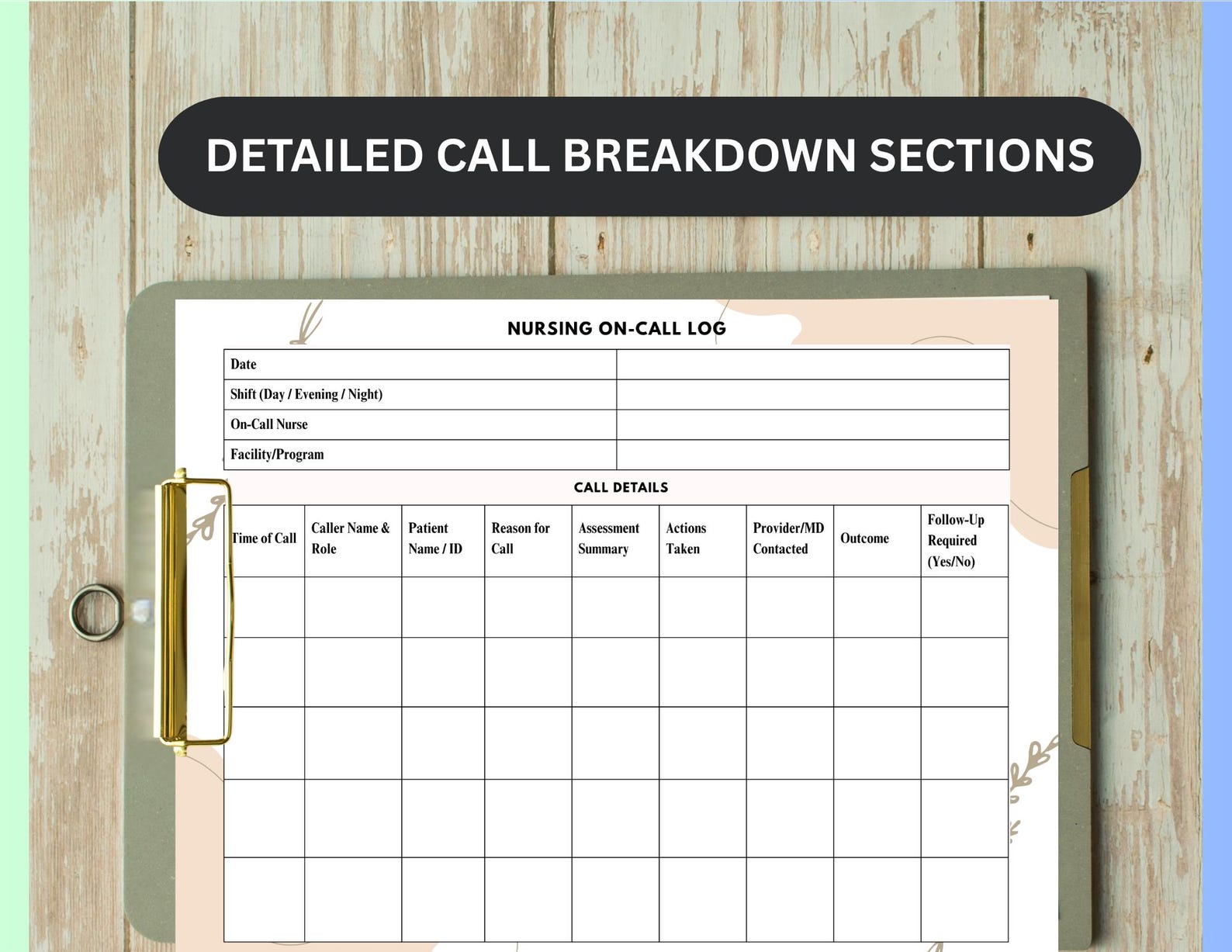 Nursing On-call Log Template Landscape | Printable Nurse Call Sheet PDF ...