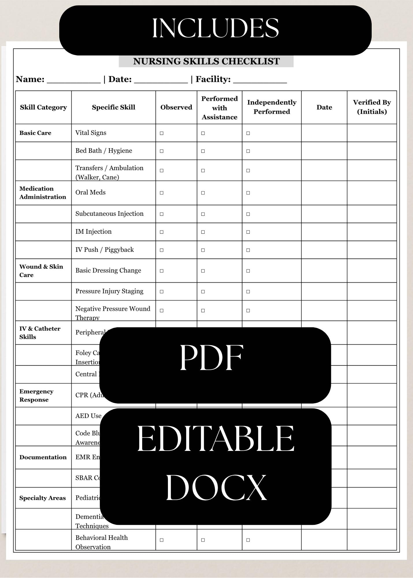 Editable Nursing Skills Checklist Template, Printable Nursing Skills ...