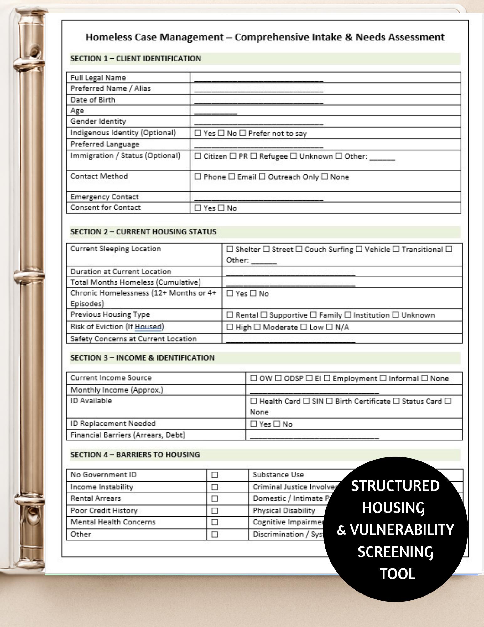 Homeless Case Management Intake Template | Housing & Risk Assessment ...