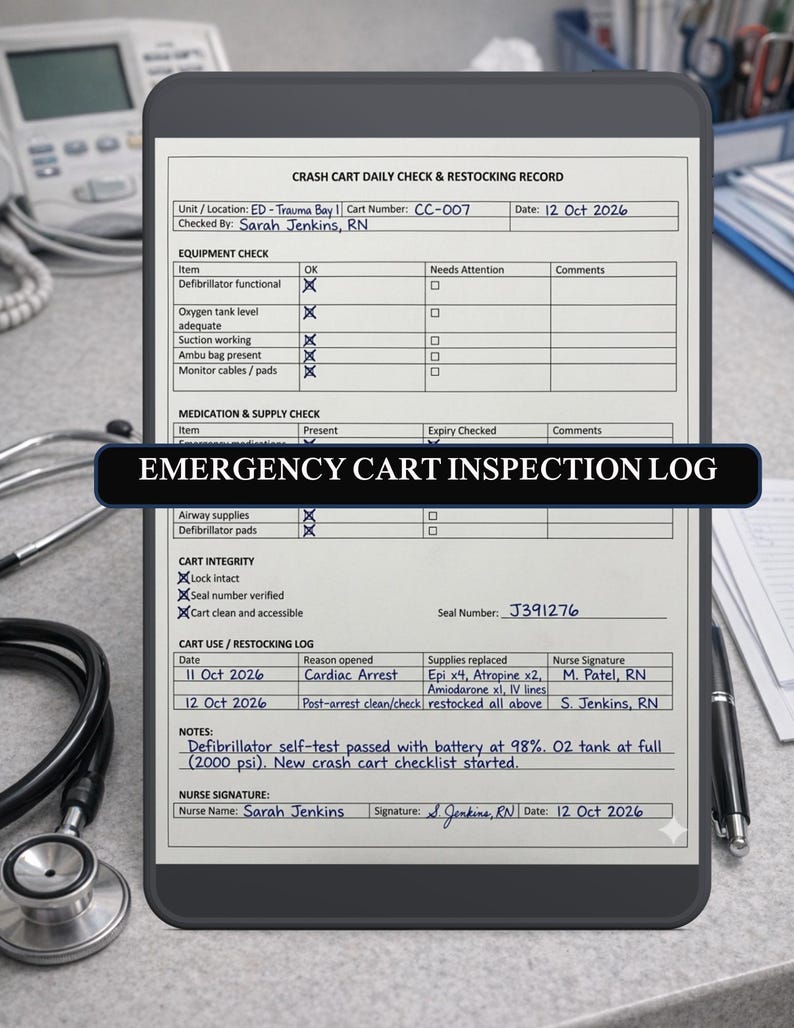 Crash Cart Daily Check Checklist for Nurses | Code Blue Cart Inspection ...