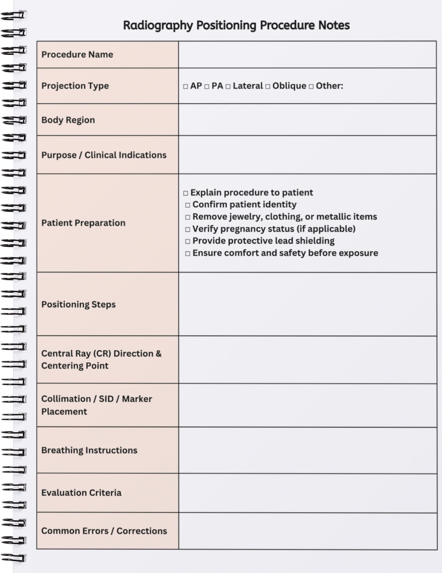 Radiography Notes.pdf Radiography Positioning Procedure Notes Template – Editable Canva Form ...