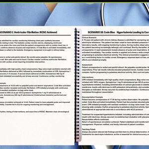 May include: A document titled "REAL CODE BLUE CHARTING" detailing medical scenarios and interventions. The text contains medical terminology and instructions for healthcare professionals. It serves as a guide for emergency medical procedures.