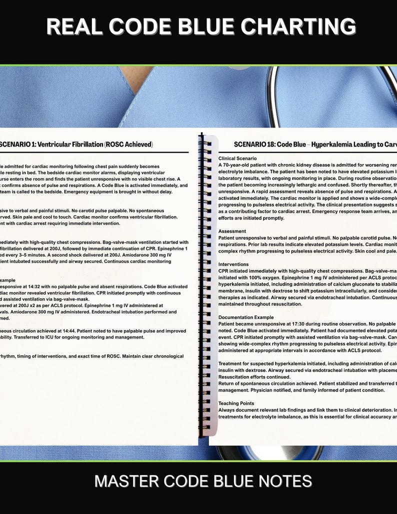 May include: A document titled "REAL CODE BLUE CHARTING" detailing medical scenarios and interventions. The text contains medical terminology and instructions for healthcare professionals. It serves as a guide for emergency medical procedures.