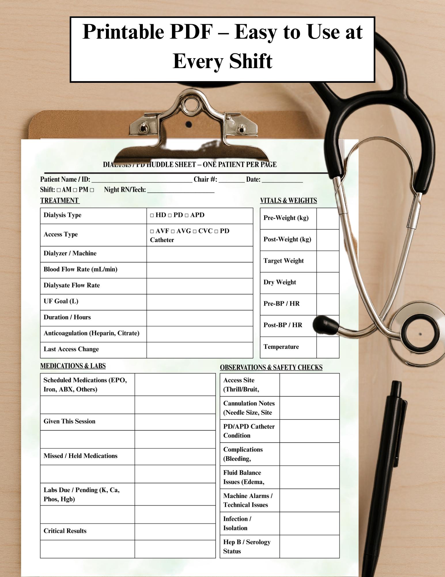 Printable Dialysis Huddle Sheet Bundle, Daily Shift Nurse Report Forms ...