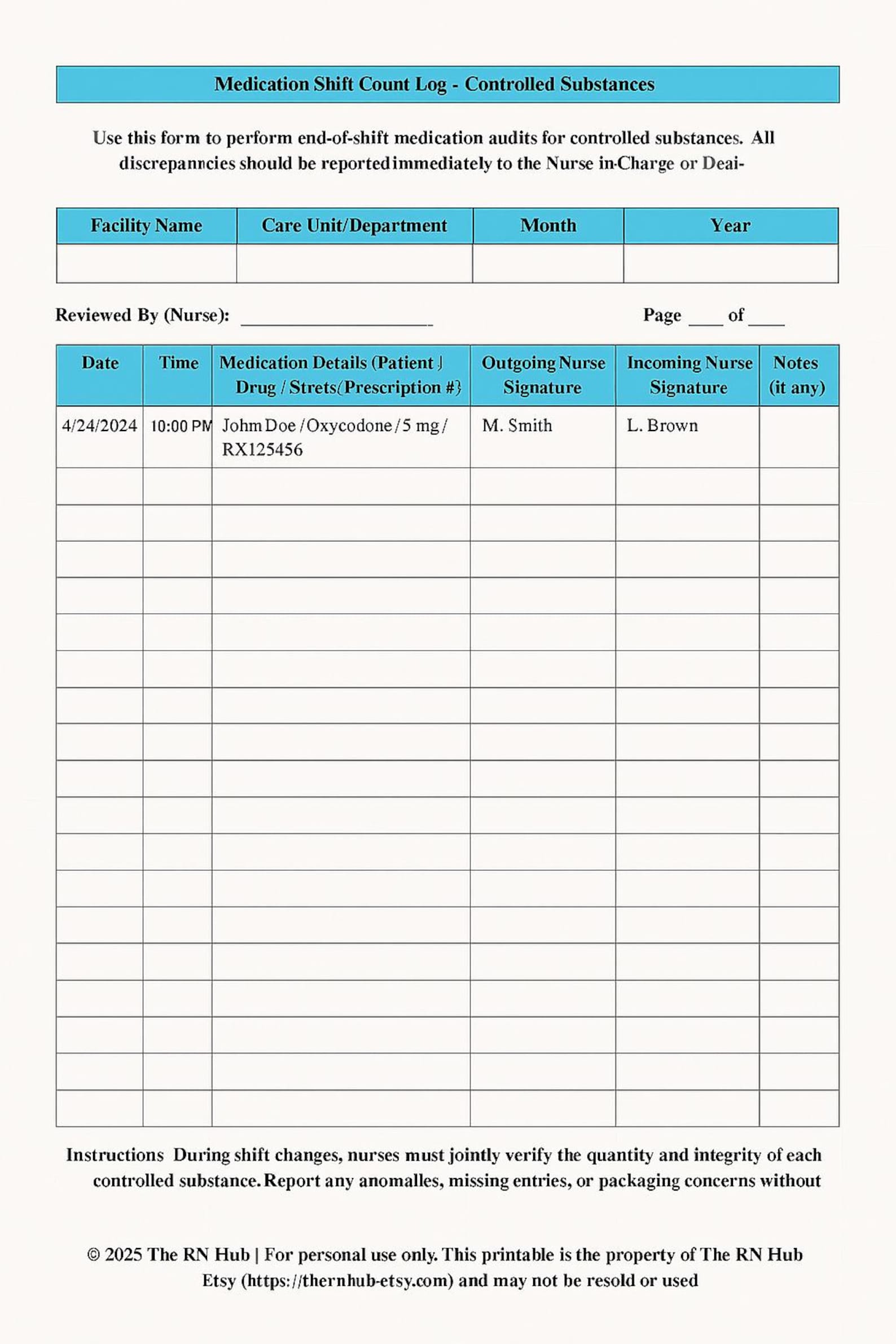 Controlled Substance Medication Count Log | Printable Shift Audit Sheet ...