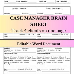 May include: A printable case manager brain sheet document featuring sections to track four clients on one page. The form includes fields for patient initials, room area, priority levels, discharge goals, barriers, daily tasks, and follow-up notes.