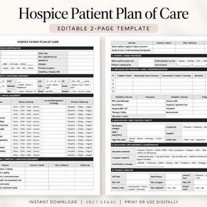 May include: A two-page Hospice Patient Plan of Care template featuring black text on a white background. The document includes sections for patient identification, clinical assessment, psychosocial needs, family priorities, and intervention planning.