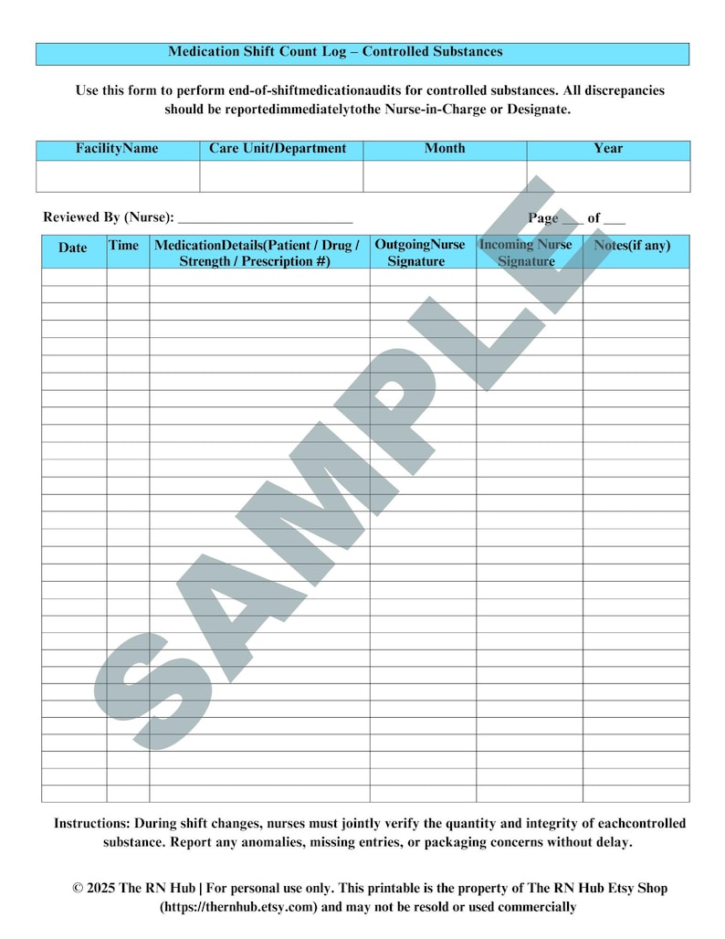 Controlled Substance Medication Count Log | Printable Shift Audit Sheet ...