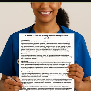 May include: A healthcare worker in blue scrubs smiles while holding a document. The document's header reads "CLEAR PROFESSIONAL REUSABLE". The text describes a medical scenario of cardiac arrest caused by choking, with interventions and teaching points.