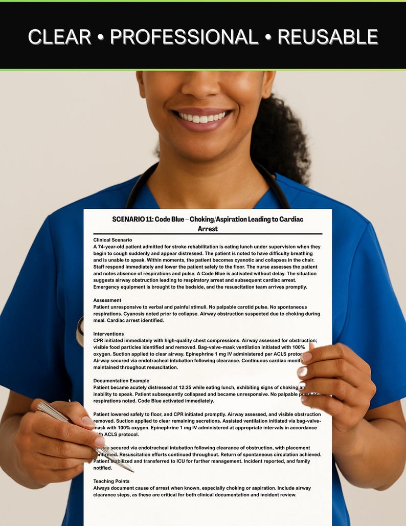 May include: A healthcare worker in blue scrubs smiles while holding a document. The document's header reads "CLEAR PROFESSIONAL REUSABLE". The text describes a medical scenario of cardiac arrest caused by choking, with interventions and teaching points.