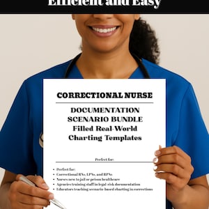 Puede incluir: Una persona con uniforme azul sostiene un documento titulado "Correctional Nurse Documentation Scenario Bundle". El documento incluye el texto "Filled Real-World Charting Templates" y enumera "Correctional RNs, LPNs, and RPNs" como p&uacute;blico objetivo. La parte superior de la imagen dice "Make Documentation Efficient and Easy."