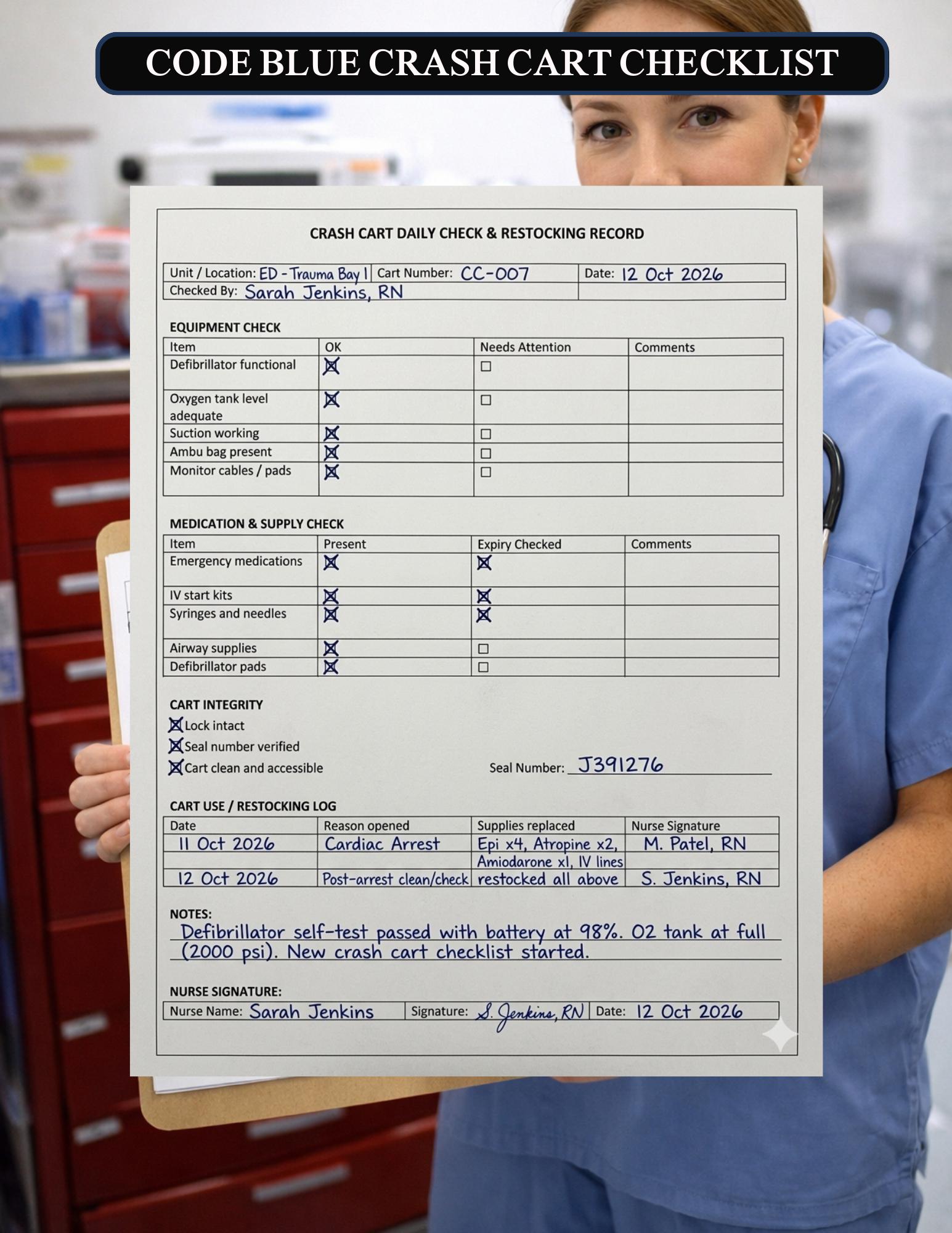 Crash Cart Daily Check Checklist for Nurses | Code Blue Cart Inspection ...