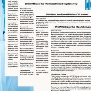 May include: A medical document detailing scenarios related to cardiac arrest and resuscitation. The text covers clinical scenarios, assessments, interventions, and teaching points, presented in a clear, organised format.