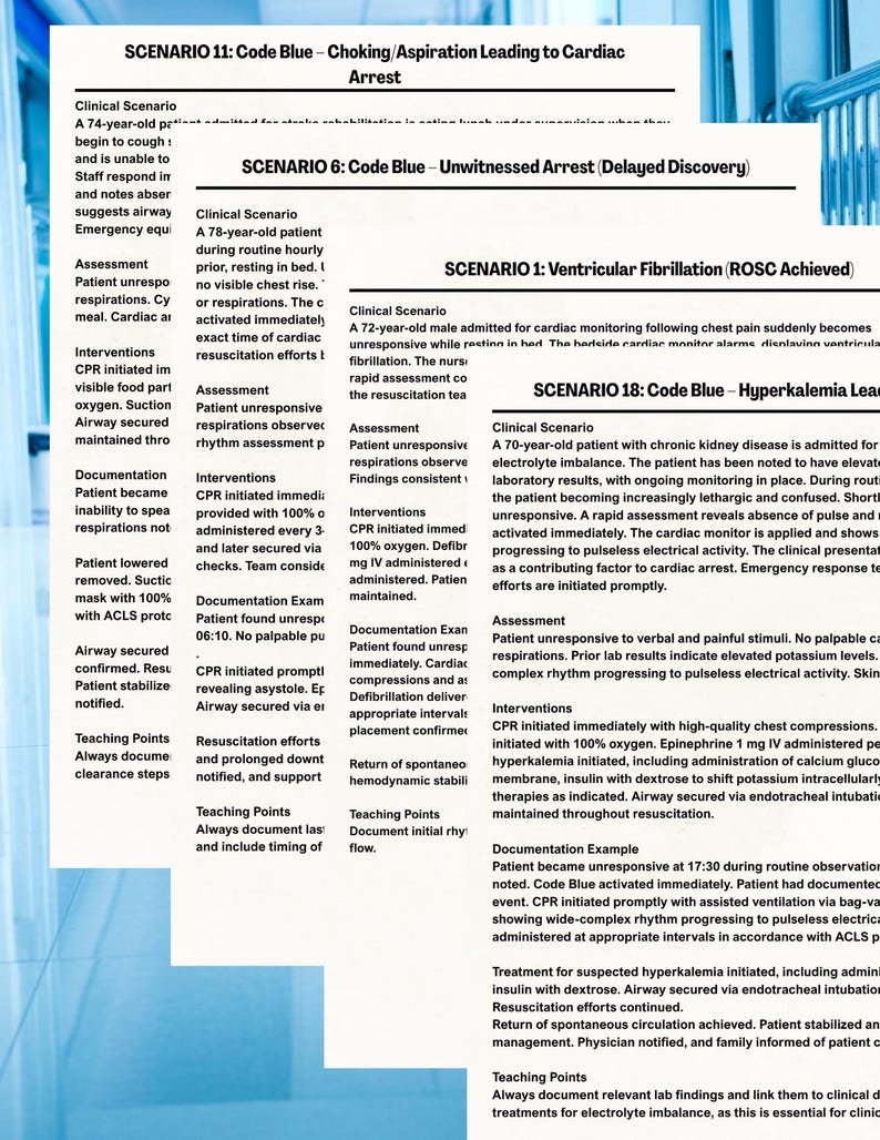 May include: A medical document detailing scenarios related to cardiac arrest and resuscitation. The text covers clinical scenarios, assessments, interventions, and teaching points, presented in a clear, organised format.