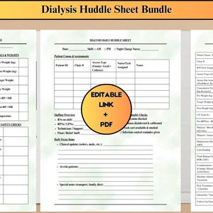 Peut inclure: Ensemble de trois feuilles de suivi de dialyse. Les feuilles comprennent des sections pour les signes vitaux du patient, les observations, les contrôles de sécurité et les éléments quotidiens. Les feuilles ont un fond blanc avec du texte noir et un en-tête doré. Un cercle orange avec "EDITABLE LINK + PDF" est au centre.