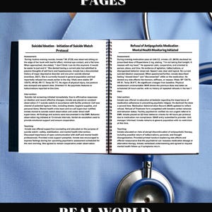 Puede incluir: Un documento titulado "PRINTABLE PDF - 25 PAGES" con dos columnas de texto. La columna izquierda detalla un protocolo de "Ideaci&oacute;n suicida", y la columna derecha describe "Rechazo de medicaci&oacute;n antipsic&oacute;tica". Un estetoscopio es visible en la parte inferior.
