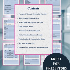 May include: A collection of pink-framed documents with blue text, including checklists, feedback sheets, and reflection pages. The central document lists contents such as "Preceptor Welcome & Orientation Checklist" and "Daily Preceptor Feedback Sheet." A dark blue circle with white text reads "GREAT FOR PRECEPTORS AND NURSE."