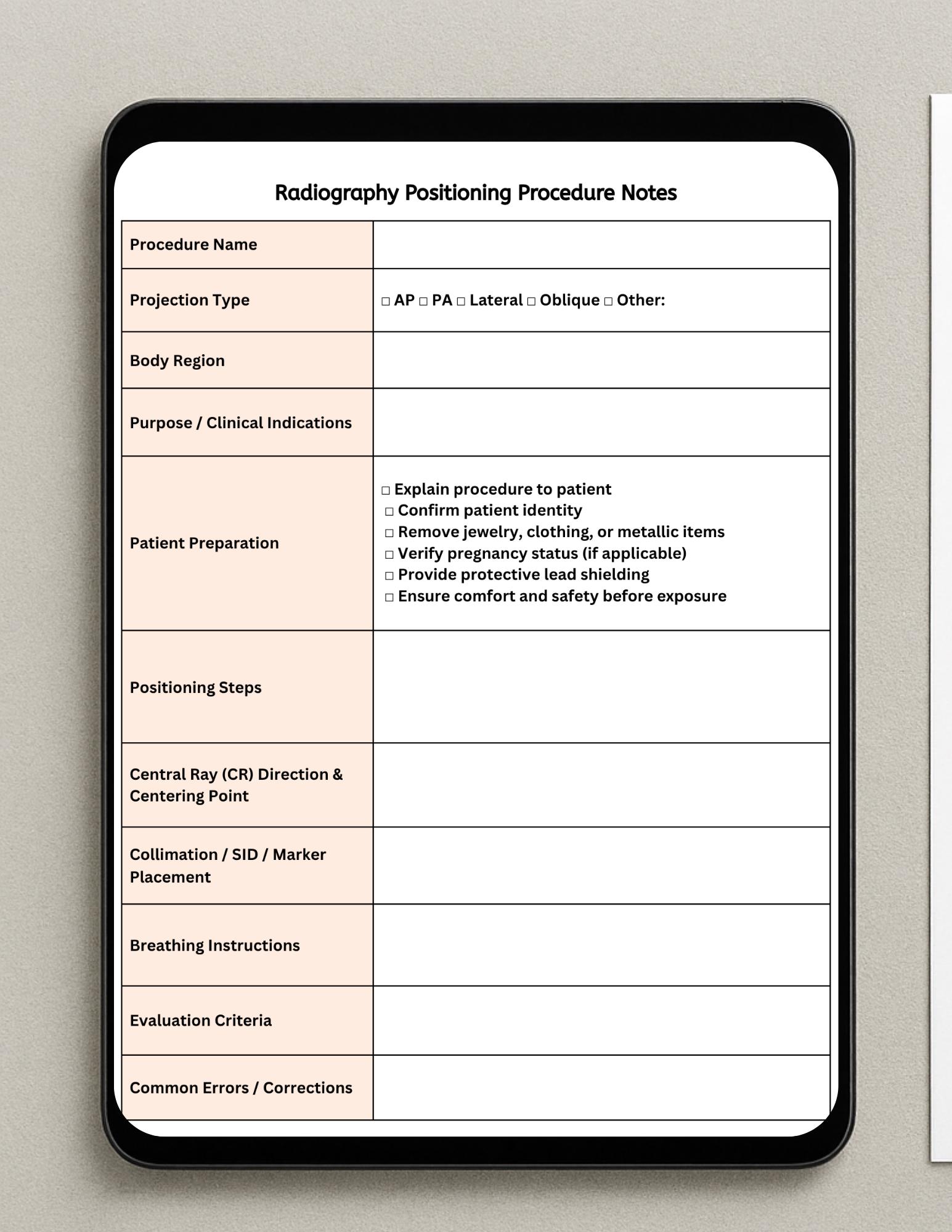 Printable Radiology Notes.pdf Radiography Positioning Procedure Notes Template – Editable Canva Form ...