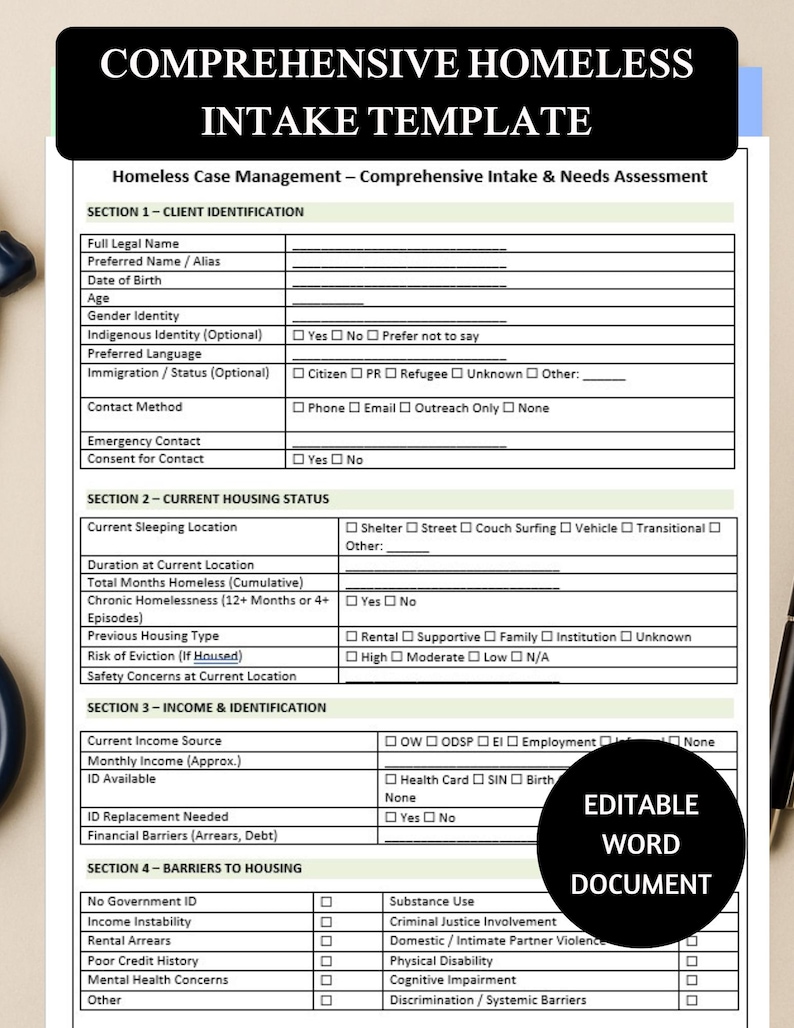 Homeless Document Homeless Case Management Intake Template | Housing & Risk Assessment ...
