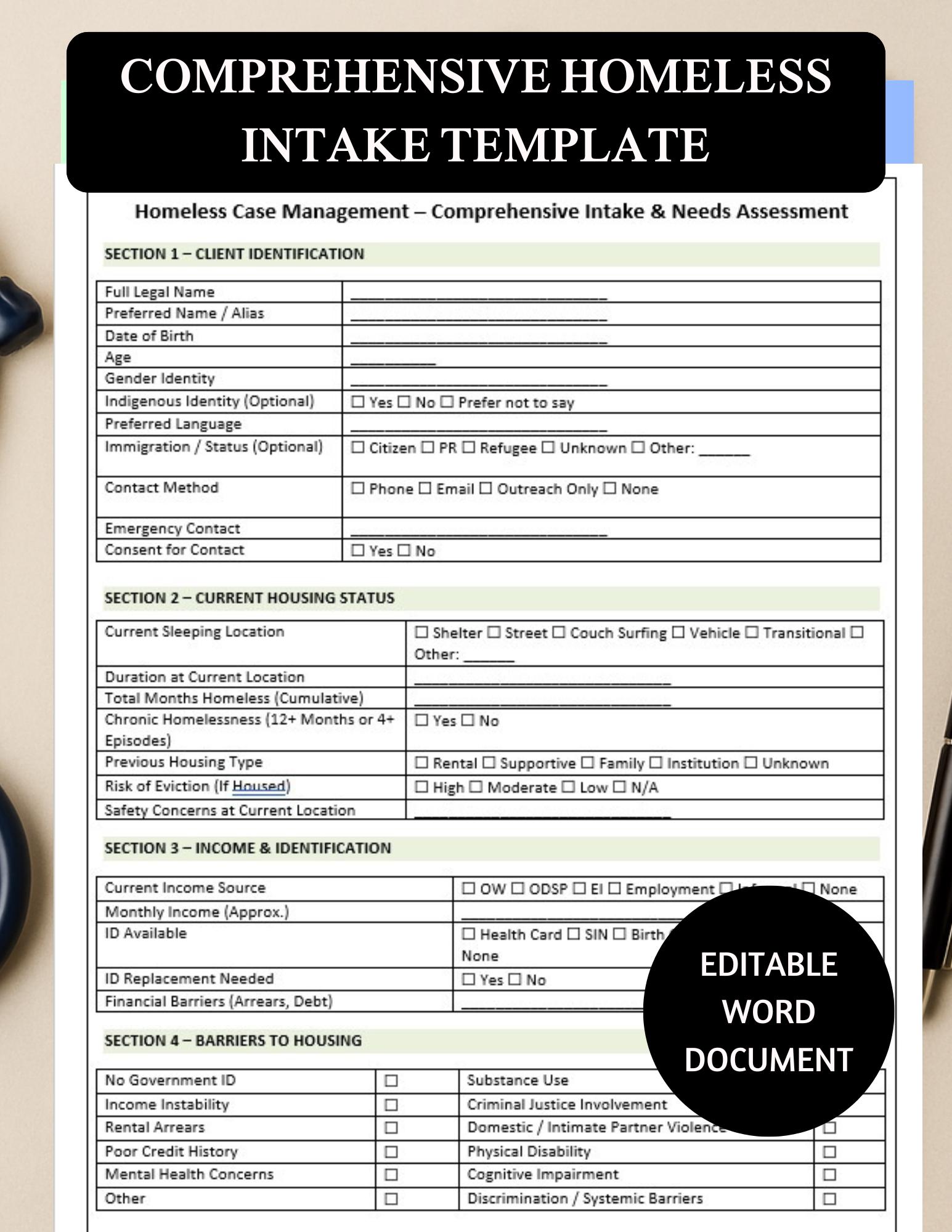 Homeless Case Management Intake Template | Housing & Risk Assessment ...