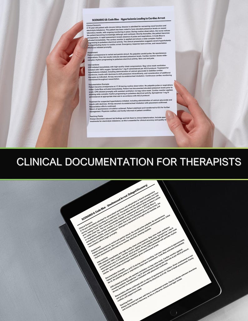 May include: Hands hold a document detailing a Code Blue scenario, focusing on hyperkalemia leading to cardiac arrest. The image also shows a tablet displaying a document about an unwitnessed arrest. The text is for clinical documentation.