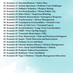 May include: A page titled "Contents" with a list of medical scenarios. The scenarios include topics such as suicidal ideation, autism spectrum, palliative sedation, newborn jaundice, elder abuse, and diabetic ketoacidosis.