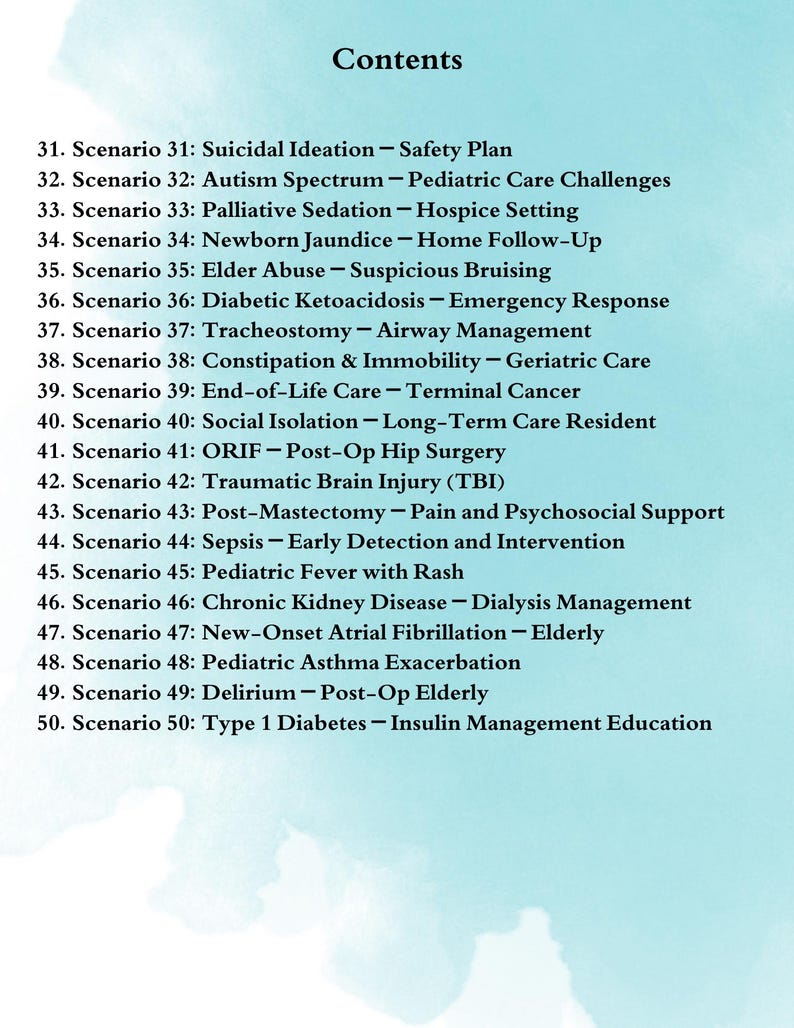 May include: A page titled "Contents" with a list of medical scenarios. The scenarios include topics such as suicidal ideation, autism spectrum, palliative sedation, newborn jaundice, elder abuse, and diabetic ketoacidosis.