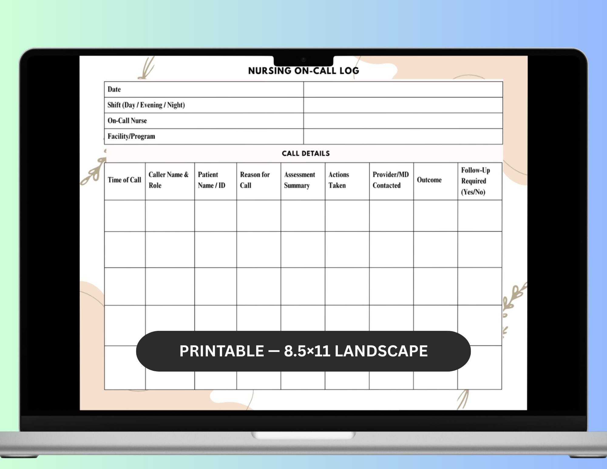 Quick Call Documentation Nursing On-call Log Template Landscape | Printable Nurse Call Sheet PDF ...