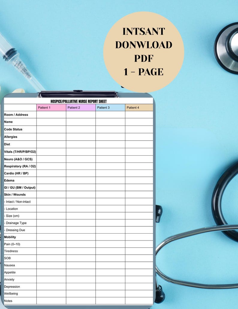 Hospice Nurse Report Sheet, Nurse Cheat Sheet, Printable Assessment ...