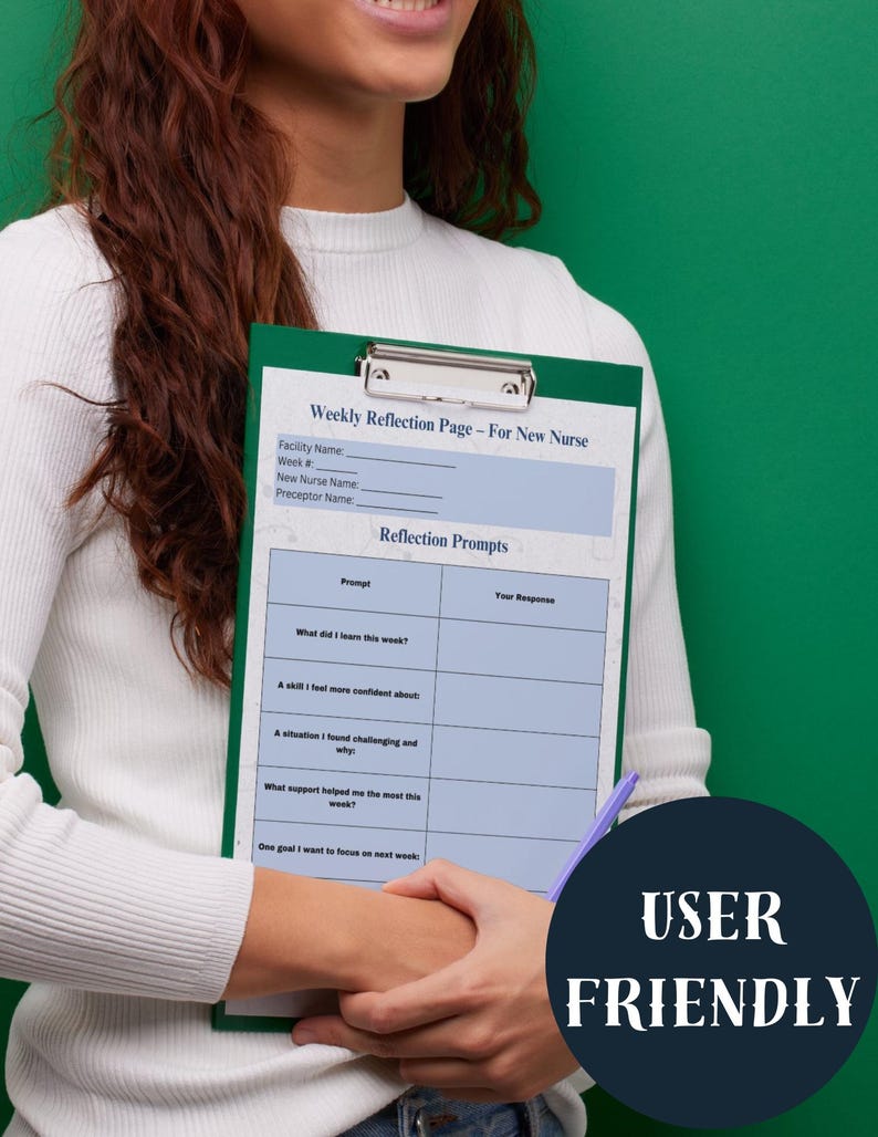 May include: A green clipboard holding a "Weekly Reflection Page - For New Nurse" form. The form has prompts for self-reflection. A dark blue circle with the words "USER FRIENDLY" is in the lower right corner.