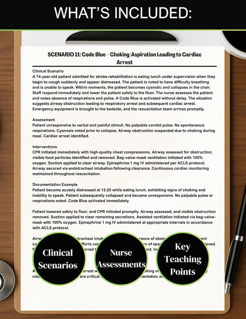 May include: A clipboard with medical text detailing a cardiac arrest scenario caused by choking. The text covers assessment, interventions, and documentation. Three circular graphics read "Clinical Scenarios", "Nurse Assessments", and "Key Teaching Points".