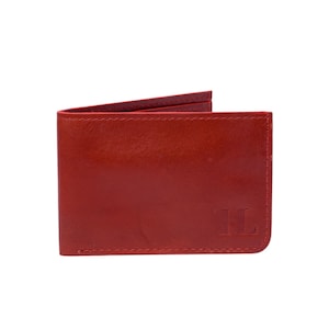 Cartera fina rústica roja de Hammi Leathers: billetera plegable de cuero flor de primera calidad, hecha a mano, con 4 ranuras para tarjetas, un regalo minimalista para hombre.