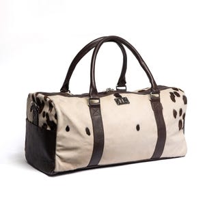 White & Dark Brown Hair-On Leather Duffle Bag | Cowhide Weekender | Handmade Overnight Travel Bag| Rustic Western Carry-On for Men and Women