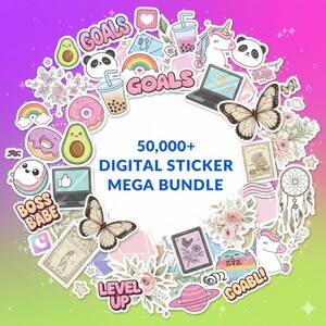 May include: A collection of colorful digital stickers, including avocados, donuts, pandas, unicorns, and butterflies, arranged around the text "50,000+ DIGITAL STICKER MEGA BUNDLE". The stickers have various designs and phrases like "GOALS" and "BOSS BABE".