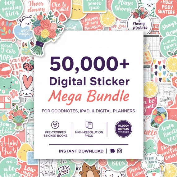 50,000+ Digital Sticker Mega Bundle, PNG Stickers for Planner, Journal, GoodNotes, iPad, Printable Stickers
