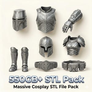 Puede incluir: Una colección de piezas de armadura de cosplay de color plateado, que incluye cascos, petos, guanteletes y grebas. La armadura tiene intrincados diseños grabados. La imagen incluye el texto "550GB+ STL Pack" y "Massive Cosplay STL File Pack".