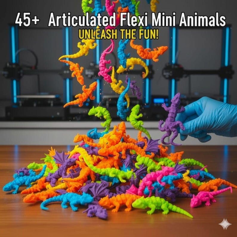 May include: A collection of 45+ articulated Flexi Mini Animals in various bright colors, including orange, pink, blue, green, and purple. The text "UNLEASH THE FUN!" is displayed above the pile of toys.