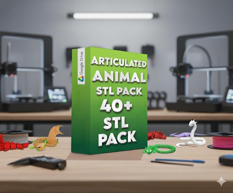 May include: A green box with the text "ARTICULATED ANIMAL STL PACK 40+ STL PACK" stands on a wooden table. Several 3D-printed articulated animal models are scattered around the box, including a dragon, a turtle, and a snake. The Google Drive logo is visible.