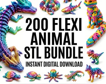 May include: A collection of colorful, articulated animal figures, including a dragon, snake, shark, fox, and dinosaur. The image features the text "200 FLEXI ANIMAL STL BUNDLE" and "INSTANT DIGITAL DOWNLOAD". The bottom of the image reads "PREVIEW ONLY • DESIGNS, COLORS & SIZES MAY VARY".