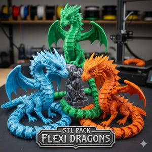 May include: A collection of 3D-printed dragons in vibrant colors: blue, green, and orange. Each dragon has detailed scales, wings, and a flexible design. The image includes the text "STL PACK FLEXI DRAGONS".