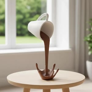 May include: A white ceramic mug appears to be pouring a stream of brown liquid into a brown splash-shaped base. The mug is suspended in mid-air, creating an optical illusion. The sculpture sits on a light brown wooden table.