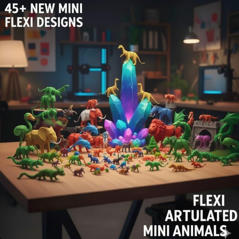 May include: A collection of colorful, articulated mini animal figurines, including dinosaurs, elephants, and lions, are displayed on a wooden table. The image includes the text "45+ NEW MINI FLEXI DESIGNS" and "FLEXI ARTICULATED MINI ANIMALS".