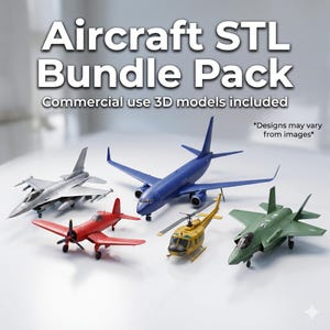 Puede incluir: Una colección de cinco modelos de aviones en miniatura que incluye un avión de combate plateado, un avión de hélice rojo, un avión de pasajeros azul, un helicóptero amarillo y un caza furtivo verde. El texto dice Aircraft STL Bundle Pack, Commercial use 3D models included.